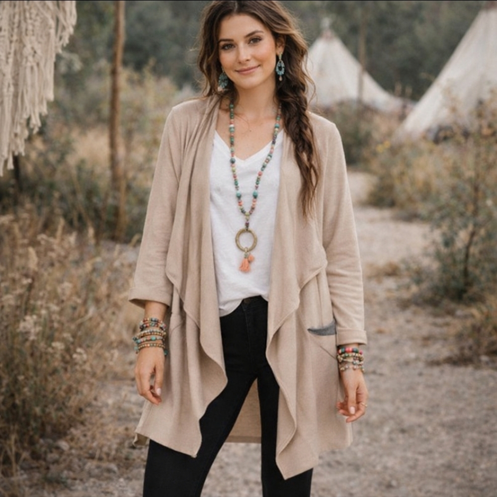 Taupe Neutral Waterfall Knit Faux Suede Trim Soft Relaxed Cardigan Sz XL